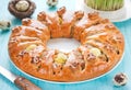 Meat, bacon and egg brunch ring , traditional Easter recipe Royalty Free Stock Photo