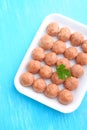 Meat balls from raw minced meat in a white tray Royalty Free Stock Photo