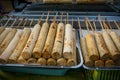 Meat balls and sausages on sticks. Typical Thailand streetfood Royalty Free Stock Photo