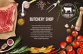 Meat Banner for restaurant or butcher shop. Fresh meat steak with tomatoes, potato wedges, sause, chili pepper, garlic