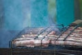 Meat barbecue. Sausages with cheese spun in bacon on a metal grill close-up Royalty Free Stock Photo