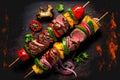 Meat beef shish kebab with vegetables and spice. Generative ai