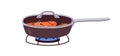 Meat beef steak in frying pan, cook process on gas cooker. Cooking dinner meal, fish dish on stove with burning fire