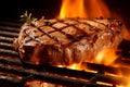 Meat beef steak grilled on fire, food bbq and hot grill, generative ai