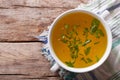 Meat broth with parsley in a bowl closeup. horizontal top view