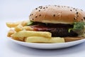 Meat burger with French fries on a white plate. Delicious fast food breakfast. Hamburger Royalty Free Stock Photo