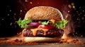 Big burger close up. hamburger with beef meat bun with salad, cheese and sauce juicy and appetizing. Generative Ai