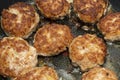 Meat burgers or cutlet-shaped patty being shallow fried in oil on a frying pan, close up. Russian kotlety Royalty Free Stock Photo