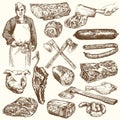 Meat, butcher. Set of hand drawn illusration.