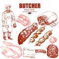 Meat butcher shop hand drawn sketch vector vintage illustration. Chalkboard meat shop menu poster design with beef steak