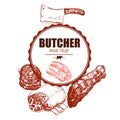 Meat butcher shop hand drawn sketch vector vintage illustration for lgo, poster or badge identity. Meat shop label