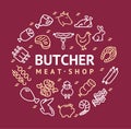 Meat Butchery Signs Thin Line Round Design Template Ad. Vector Royalty Free Stock Photo