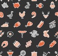 Meat Butchery Signs Thin Line Seamless Pattern Background on a Black. Vector