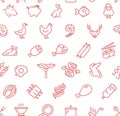 Meat Butchery Thin Line Signs Seamless Pattern Background on a White. Vector