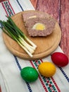 Meat cake, known as drob and easter colored eggs, Romanian easter dishes Royalty Free Stock Photo