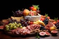 Meat cheese fruits tray. Generate Ai Royalty Free Stock Photo