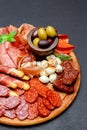 Meat and cheese plate with salami sausage, chorizo, parma and mozzarella