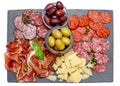 Meat and cheese plate with salami sausage, chorizo, parma and parmesan cheese Royalty Free Stock Photo