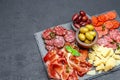 Meat and cheese plate with salami sausage, chorizo, parma and parmesan cheese Royalty Free Stock Photo