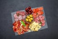 Meat and cheese plate with salami sausage, chorizo, parma and parmesan cheese Royalty Free Stock Photo
