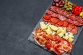 Meat and cheese plate with salami sausage, chorizo, parma and parmesan cheese Royalty Free Stock Photo