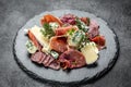 Meat and cheese plate with salami sausage, chorizo, cheese and prosciutto on a slate board. Antipasto platter. banner, menu recipe Royalty Free Stock Photo