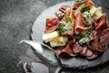 Meat and cheese plate with salami sausage, chorizo, cheese and prosciutto on a slate board. Antipasto platter fo vine. Food recipe Royalty Free Stock Photo