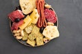 Meat and cheese plate.Traditional italian antipasto, cutting board with salami, cold smoked meat, prosciutto, ham Royalty Free Stock Photo