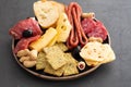 Meat and cheese plate.Traditional italian antipasto, cutting board with salami, cold smoked meat, prosciutto, ham Royalty Free Stock Photo