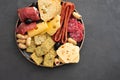 Meat and cheese plate.Traditional italian antipasto, cutting board with salami, cold smoked meat, prosciutto, ham Royalty Free Stock Photo