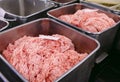 The meat chunks. The sausage factory. Meat processing plant Royalty Free Stock Photo