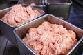 The meat chunks. The sausage factory. Meat processing plant Royalty Free Stock Photo