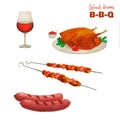 Meat colorful set. Ready made barbecue products isolated on white. Hand-drawn glass of wine, grilled chicken, sausages, kebab . Royalty Free Stock Photo