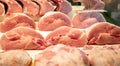 Meat concept. Raw pork in big pieces out of butcher shop. Uncooked pig for background, closeup
