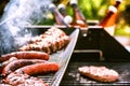 Meat cooking on barbecue grill for summer outdoor party. Food ba