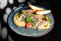 Meat in a creamy sauce with mashed potatoes and bread toast, painted with spinach leaves and cherry tomatoes, on a gray Royalty Free Stock Photo