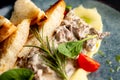 Meat in a creamy sauce with mashed potatoes and bread toast, painted with spinach leaves and cherry tomatoes, on a gray Royalty Free Stock Photo