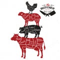 Meat cuts. Diagrams for butcher shop. Animal silhouette. Vector illustration. Royalty Free Stock Photo