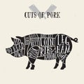 Meat cuts - pork. Diagrams for butcher shop. Scheme of pork. Animal silhouette pork. Guide for cutting Royalty Free Stock Photo