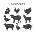 Meat Cuts Set, Farm Animals and Poultry with Meat Cuts Lines, Vintage Black and White Vector Illustration