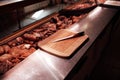 A table with a meat cutting knife in meat shop