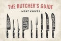 Meat cutting knives set. Poster Butcher diagram and scheme Royalty Free Stock Photo