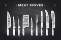 Meat cutting knives set. Poster Butcher diagram and scheme Royalty Free Stock Photo