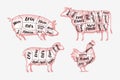 Meat cutting scheme. Butcher shop, butchery concept. Vintage vector illustration