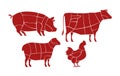 Meat cutting scheme. Butcher shop concept. Farm animals vector