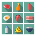 Meat and dairy products containing animal protein. Flat vector icons set