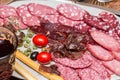 Meat delicatessen plate. meat-cutting Royalty Free Stock Photo