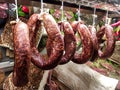 Meat Department in the butcher shop inside the restaurant. Various types of meat are presented in an orderly and creative way. Royalty Free Stock Photo