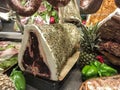 Meat Department in the butcher shop inside the restaurant. Various types of meat are presented in an orderly and creative way. Royalty Free Stock Photo