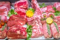 Meat department, showcase with variety of meat in different cuts Royalty Free Stock Photo